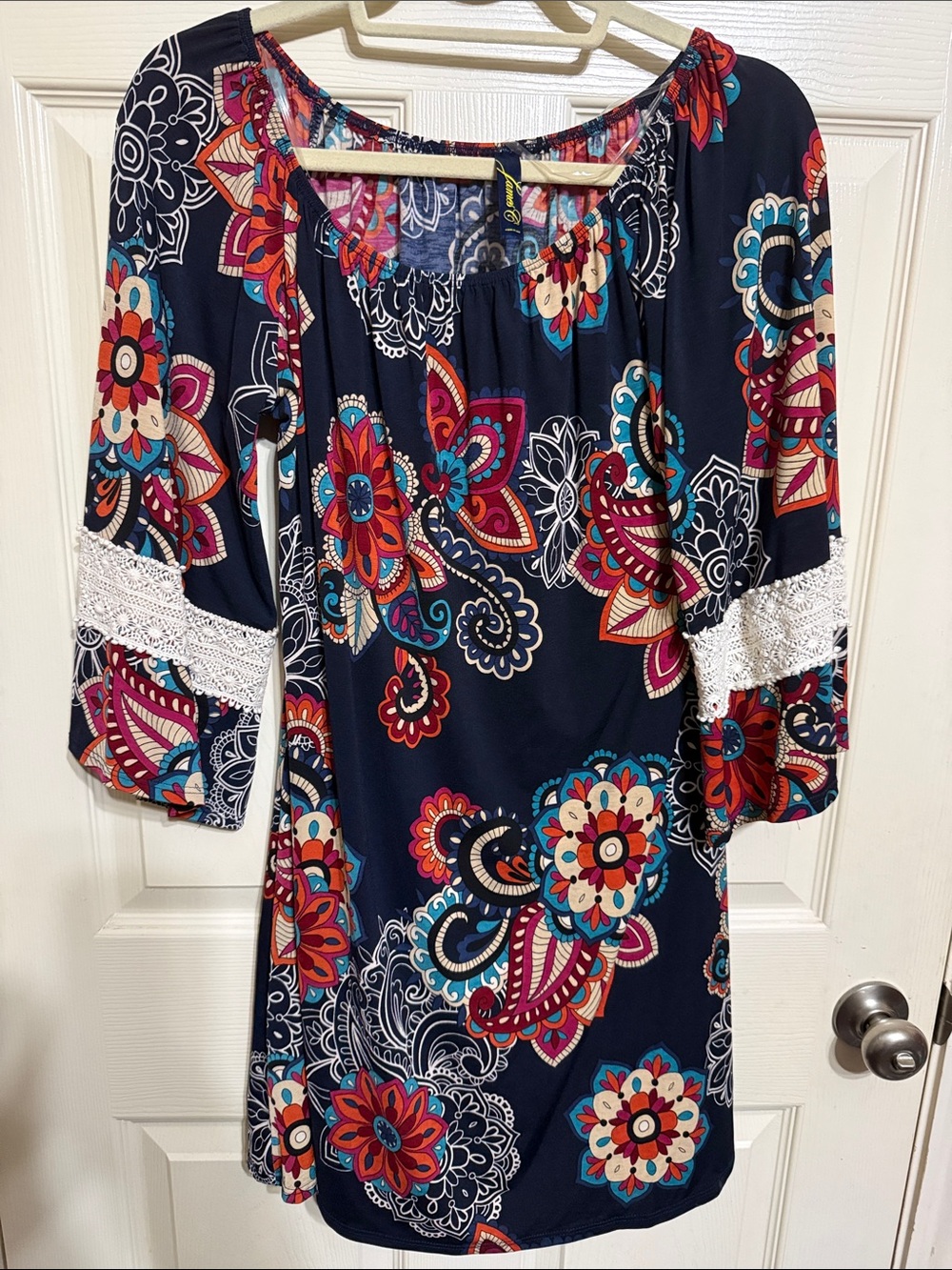 Women’s Navy Floral Peasant Dress with Lace Trim